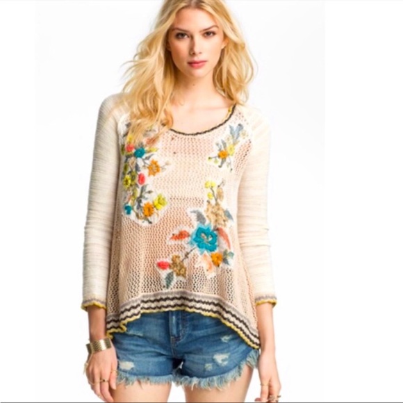 FREE PEOPLE Menagerie Embroidered Crochet Hooded Sweater Tunic sz XS - Picture 1 of 8